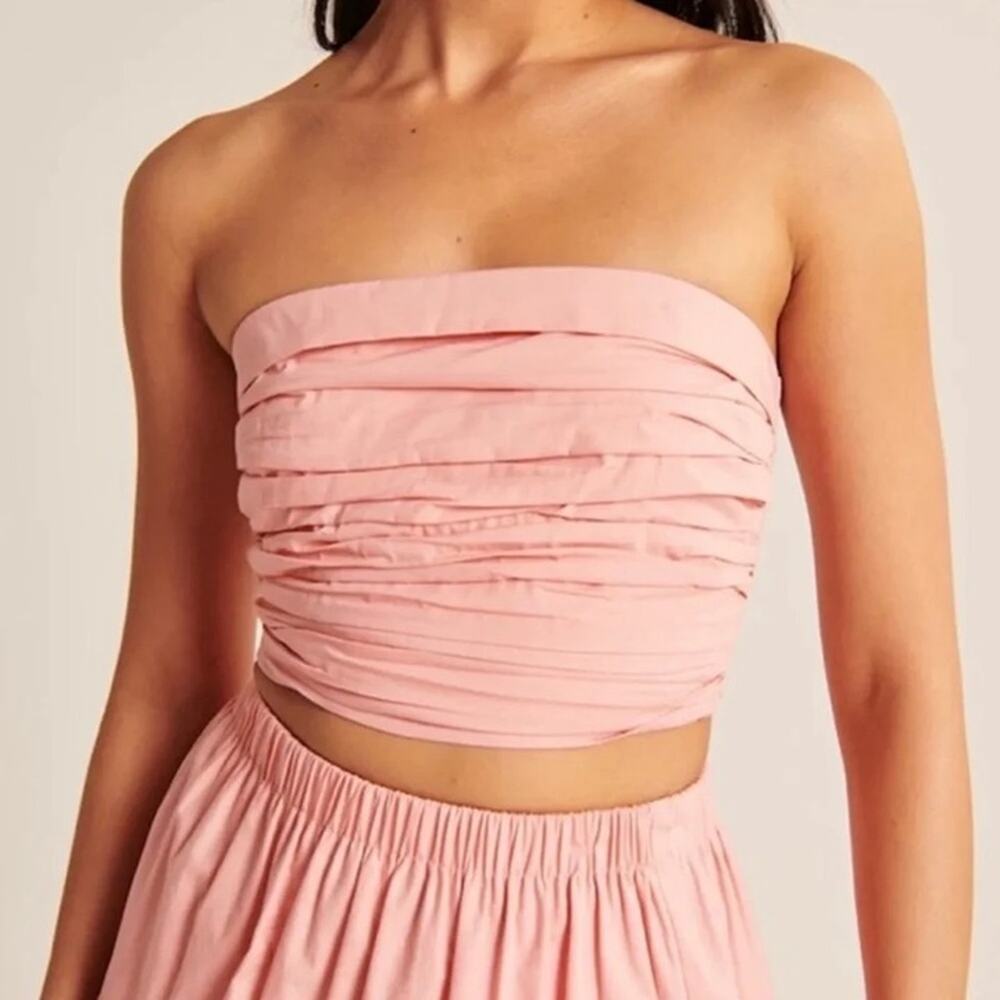 Abercrombie Ruched Strapless Tube Top Pleated Tiered Pink Linen Look Crop XS